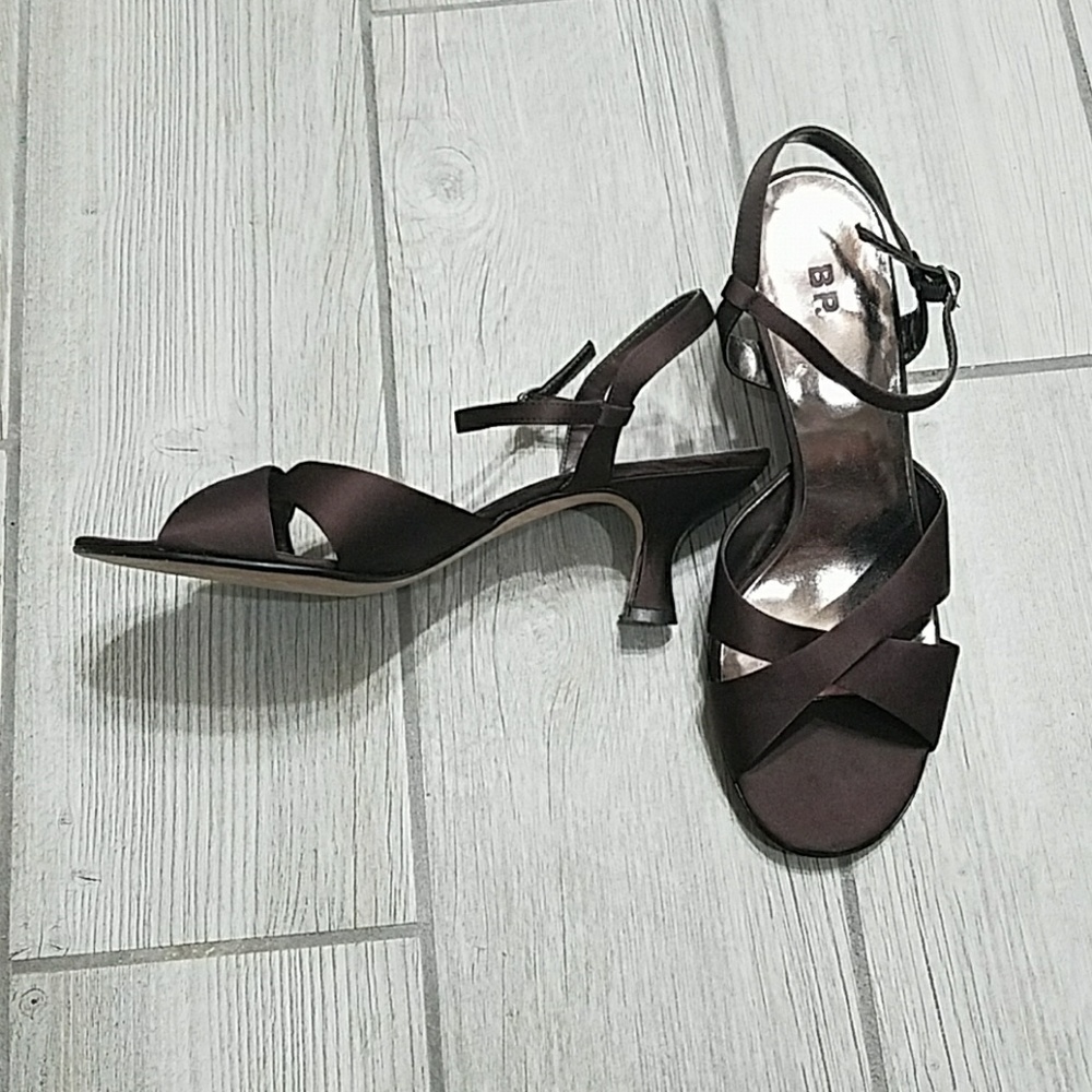 Brown satin strappy kitten heels
